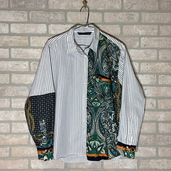 ZARA WOMAN Color-block Striped Paisley Button Down Shirt Size Medium - Picture 3 of 6